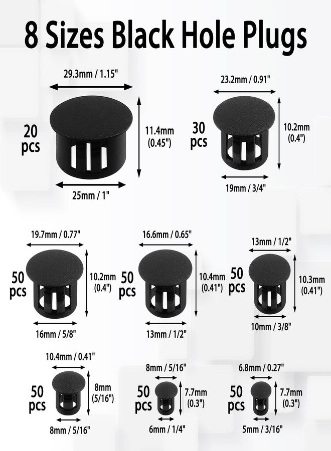 Suiwotin 350pcs 8 Sizes Plastic Hole Plugs Assortment, Flush Type Snap in Locking Tube Hole Plugs, 3/16", 1/4", 5/16", 3/8", 1/2", 5/8", 3/4", 1" Furniture Post Pipe Insert End Caps (Black) - Image 4